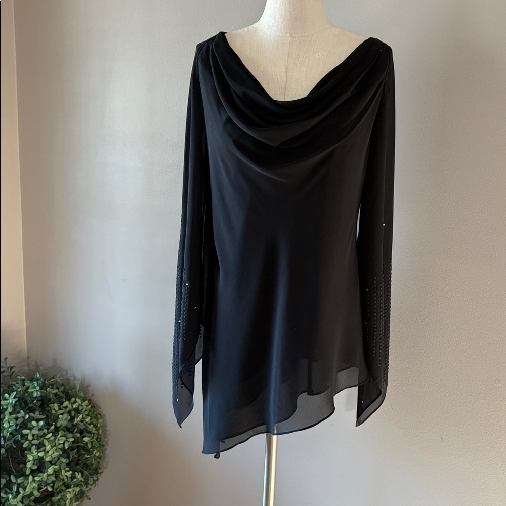 JS Signature Black chiffon Draped Asymmetrical Top embellished split sleeves Med